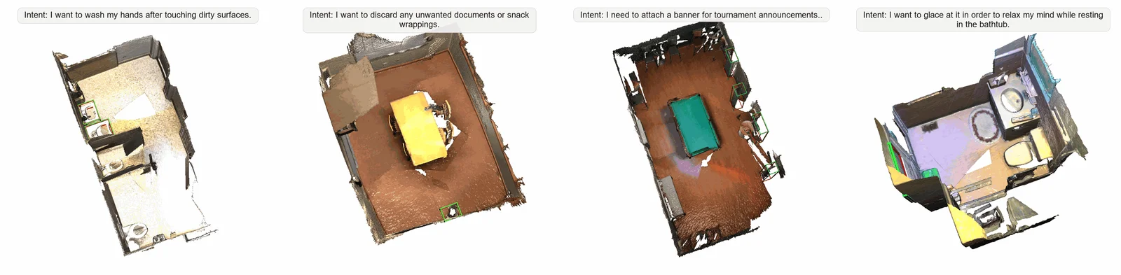 Animated 3D intent grounding examples across four scenes